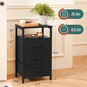 Three fabric drawers on Yoobure night stand keep small items organized