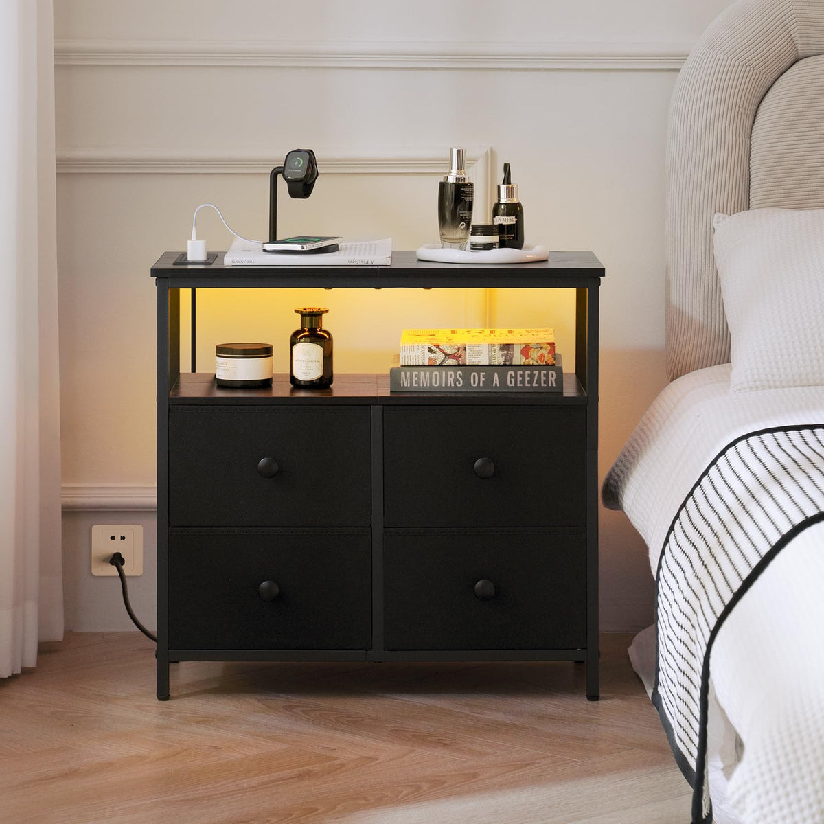 Yoobure night stand USB outlets keep devices charged and accessible.