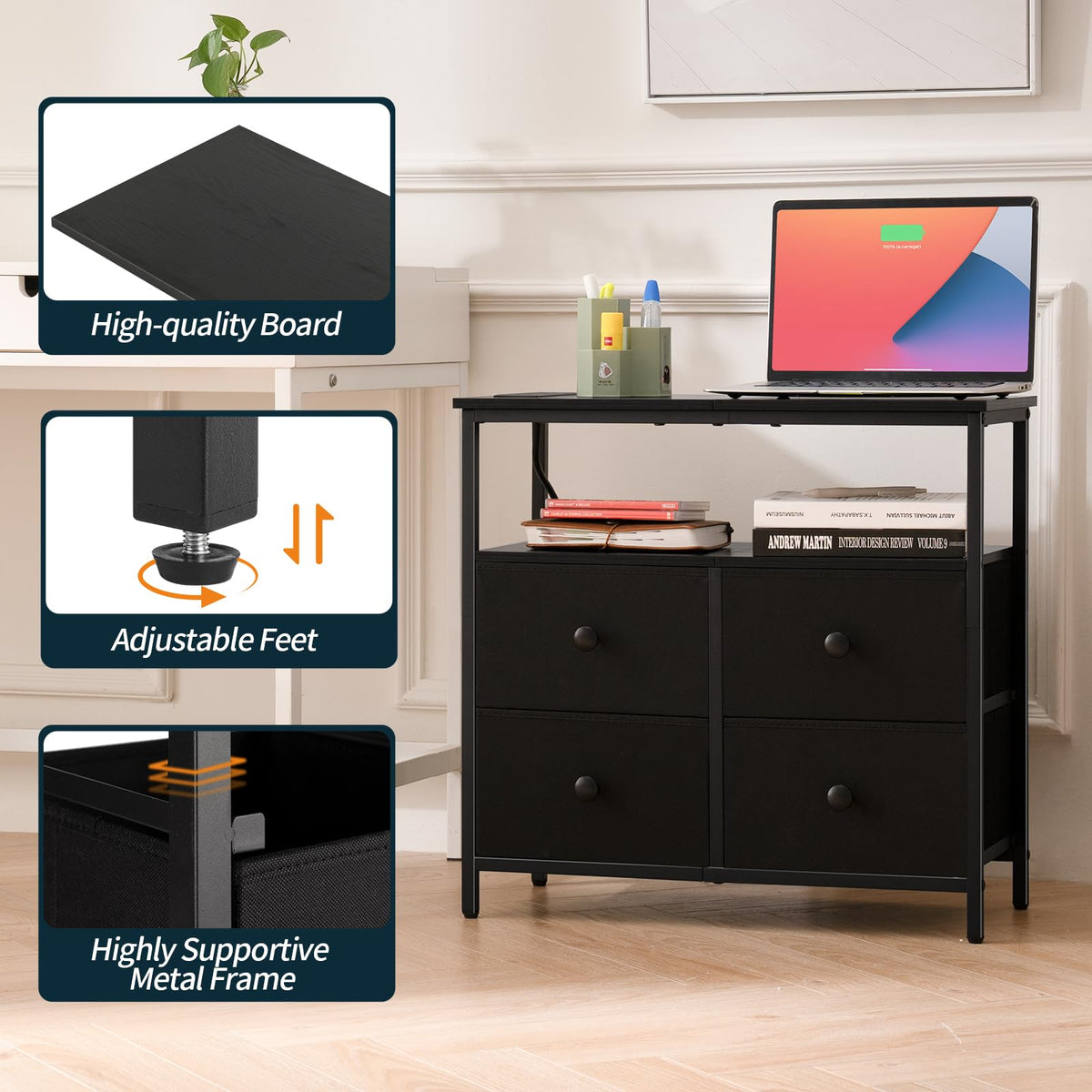 Yoobure night stand open shelf for displaying decor and devices.