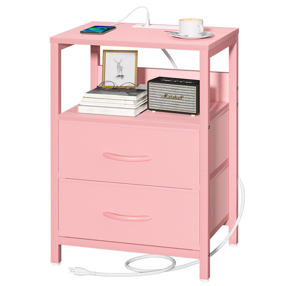 Yoobure nightstand with charging station, back view showing bedside charging access