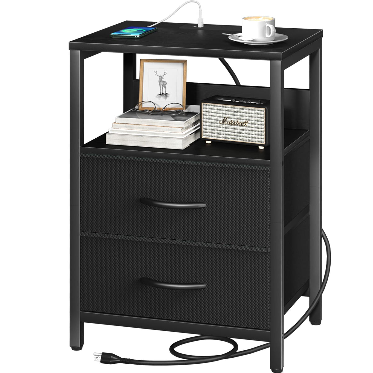Yoobure nightstand with charging station front view, built-in USB ports and outlets for easy bedside charging.