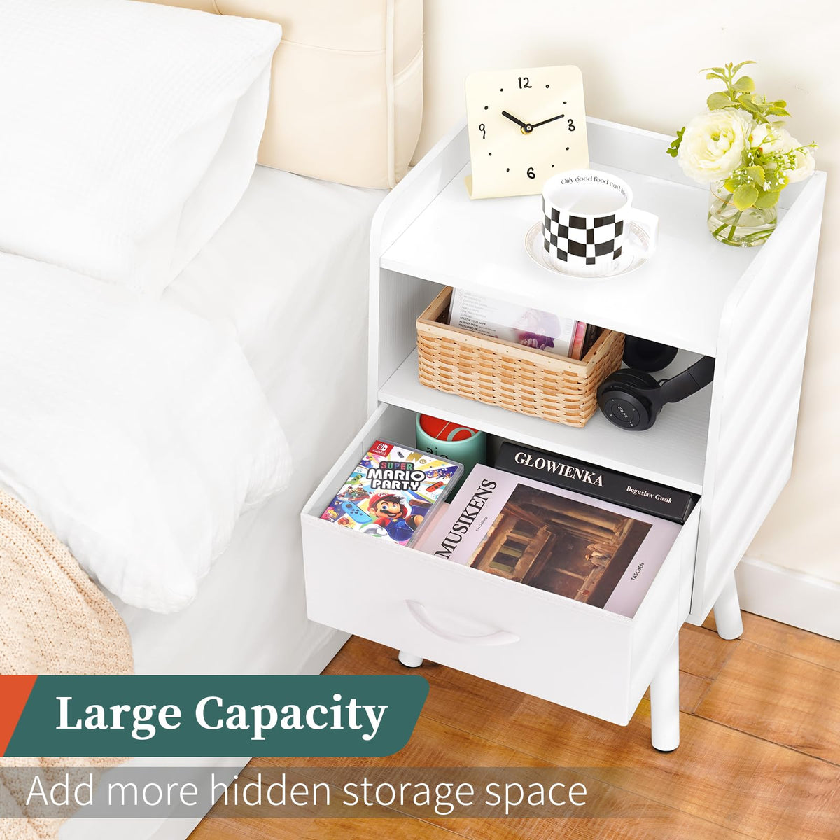 Yoobure nightstand with edge-protected tabletop to keep items secure