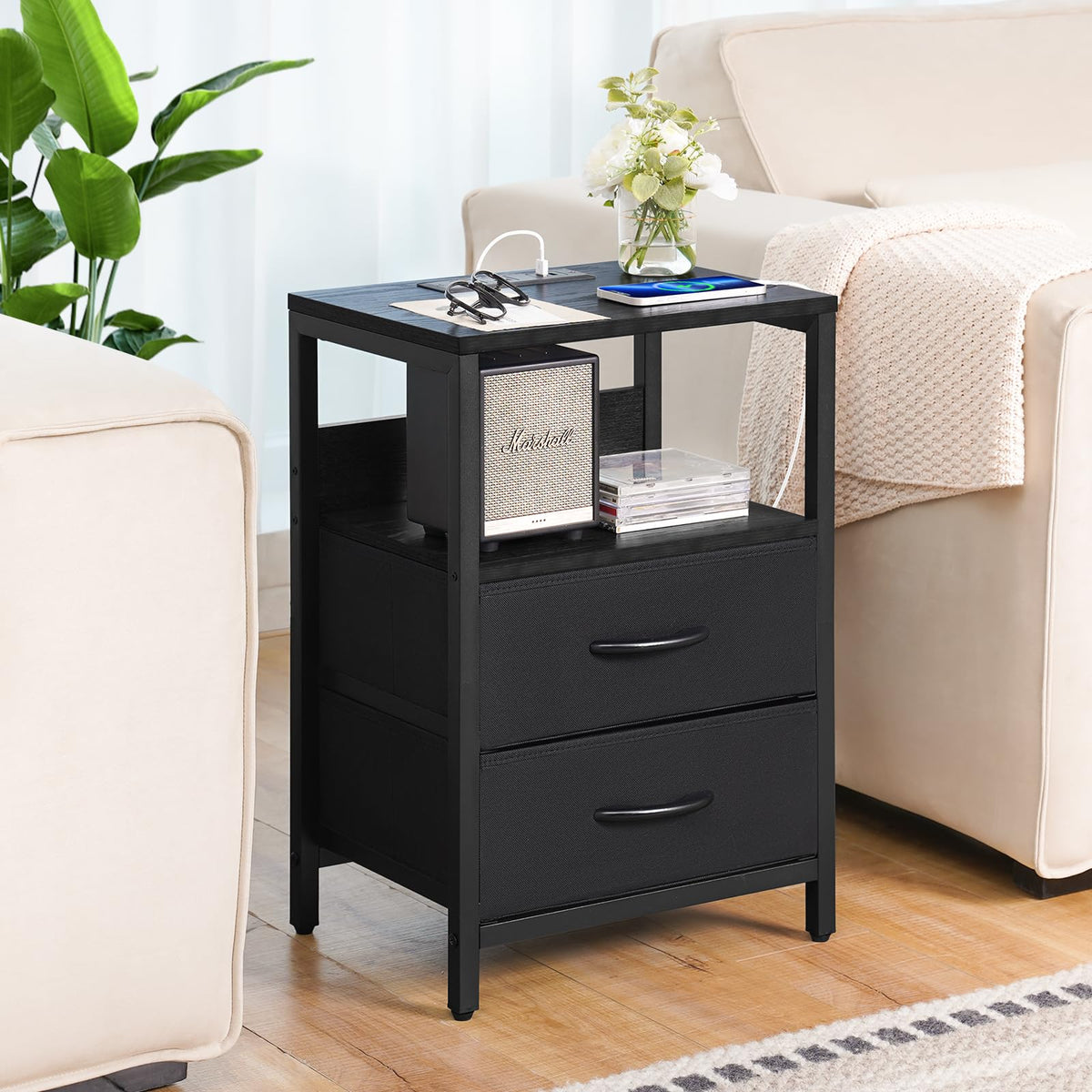 Yoobure nightstand fabric drawer closeup showing soft storage for remotes and keys.