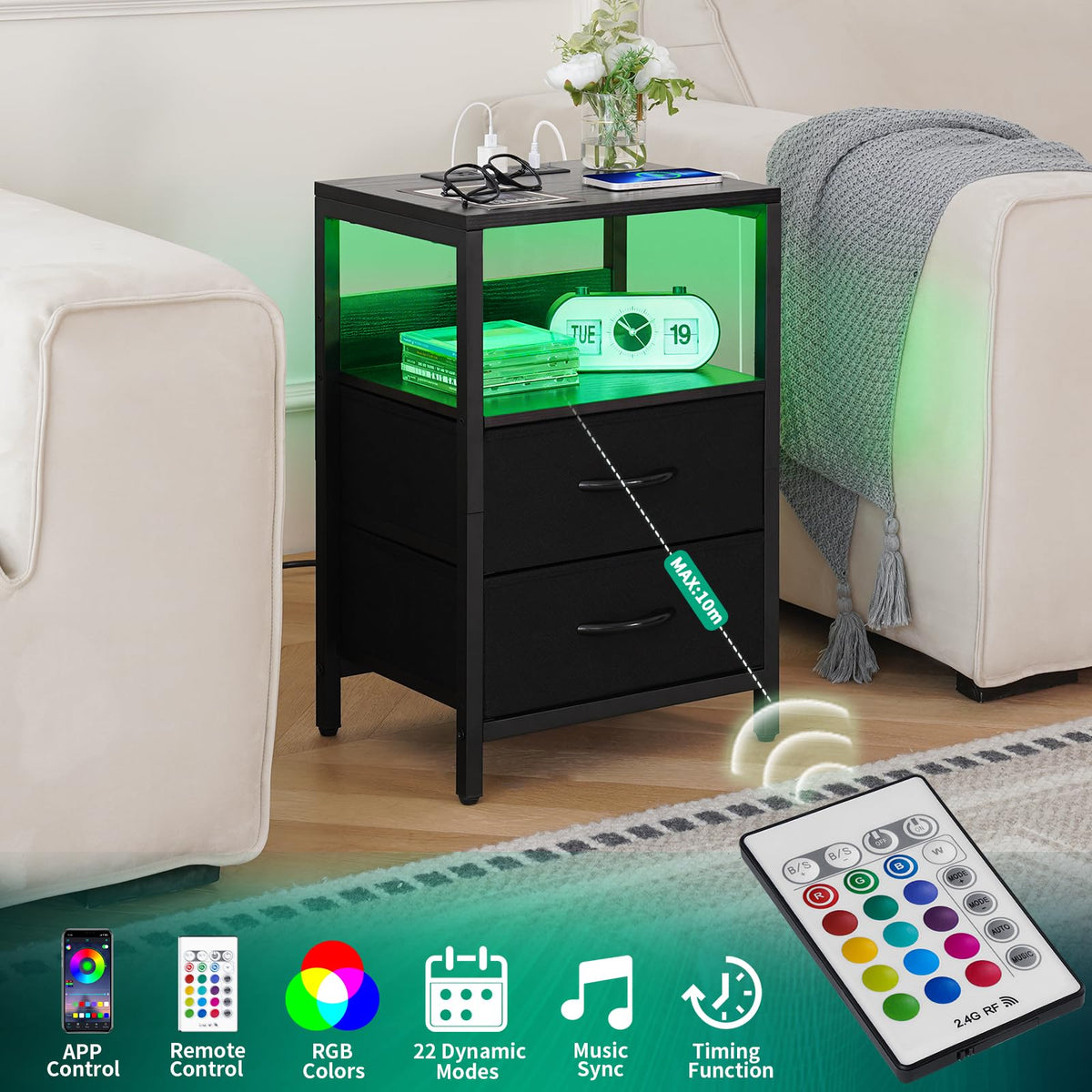 Yoobure nightstand fabric drawers store small items neatly.