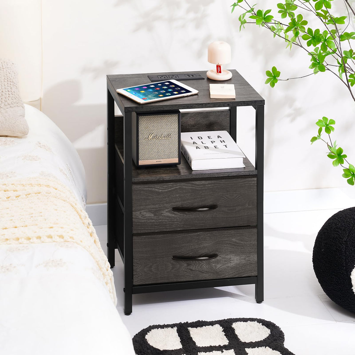 Yoobure nightstand in bedroom demonstrates convenient bedside organization.