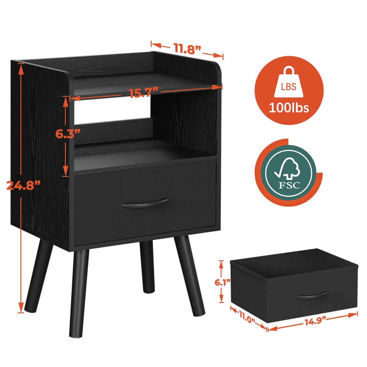 Yoobure nightstand open storage shelf holds clocks, books, and small decor.