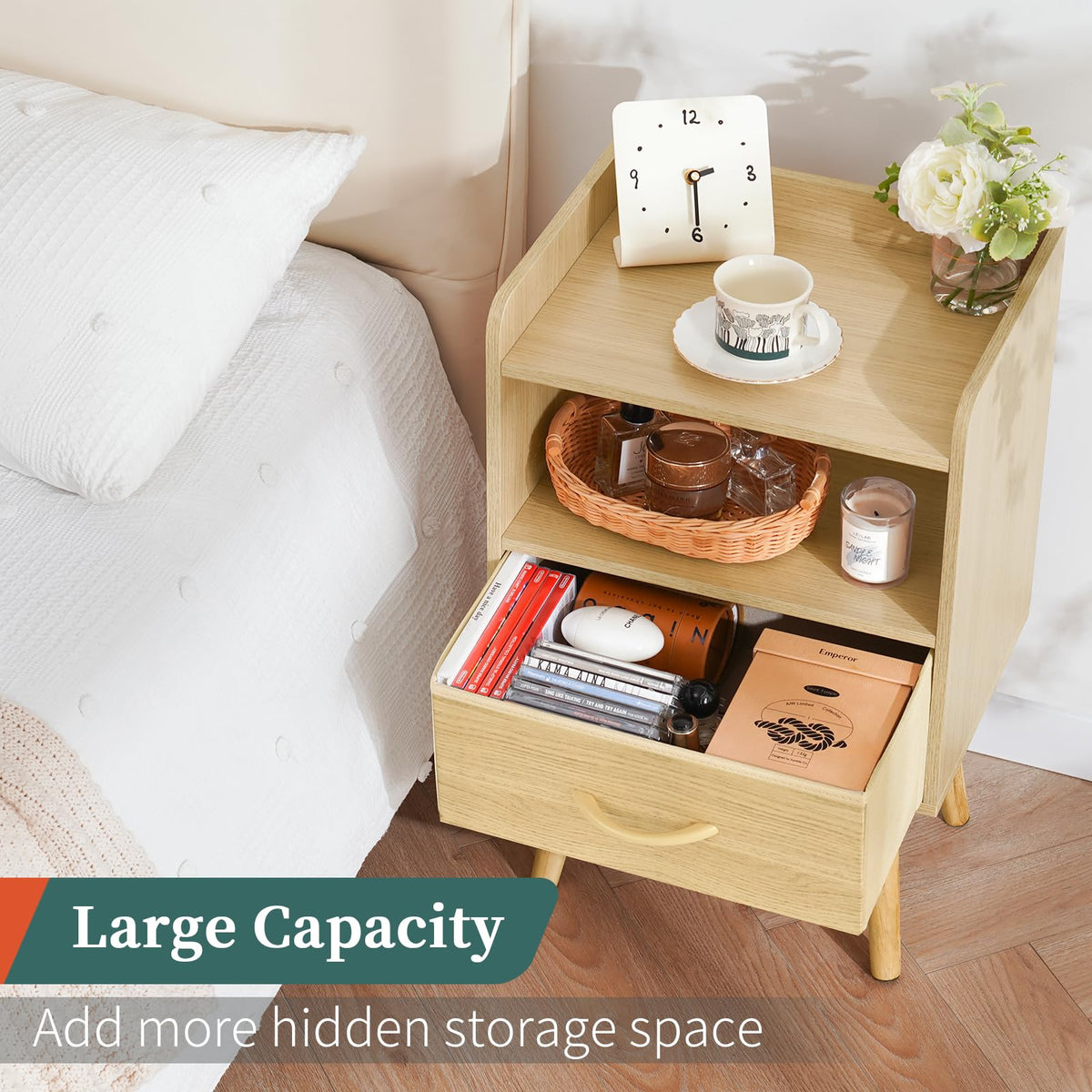 Yoobure sturdy nightstand with solid wood legs for stability and lasting support.