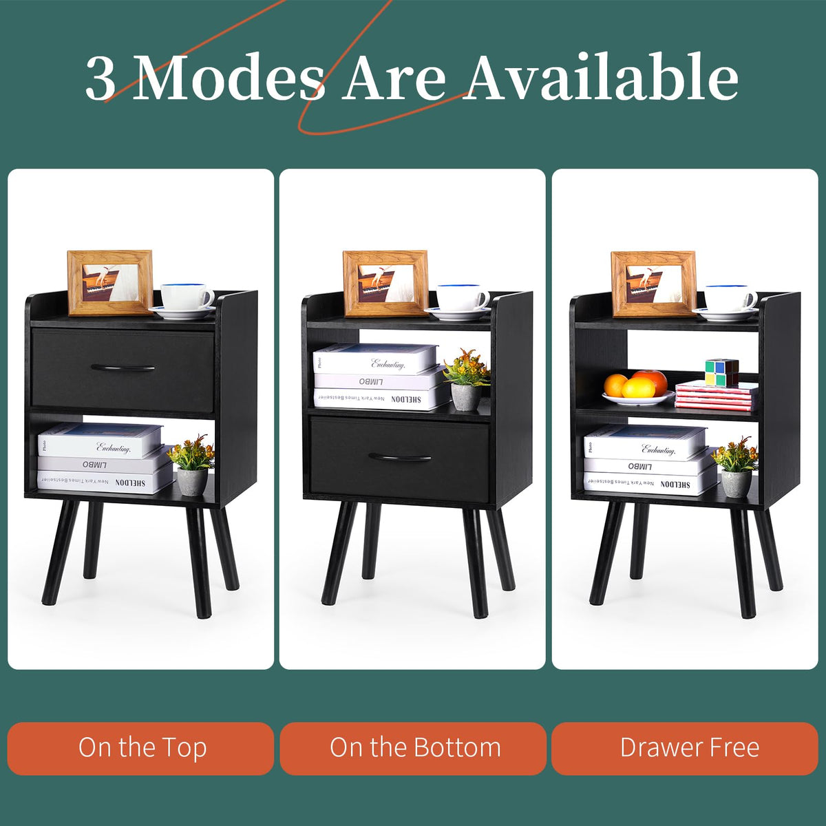 Yoobure nightstand with splayed wood legs offers sturdy, stylish support.