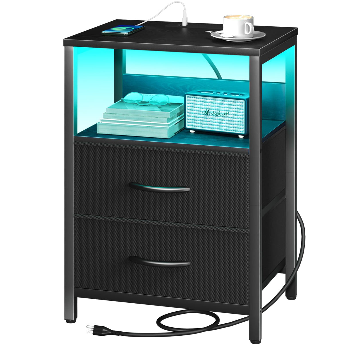 Yoobure nightstand with charging station keeps devices powered and organized at bedside.