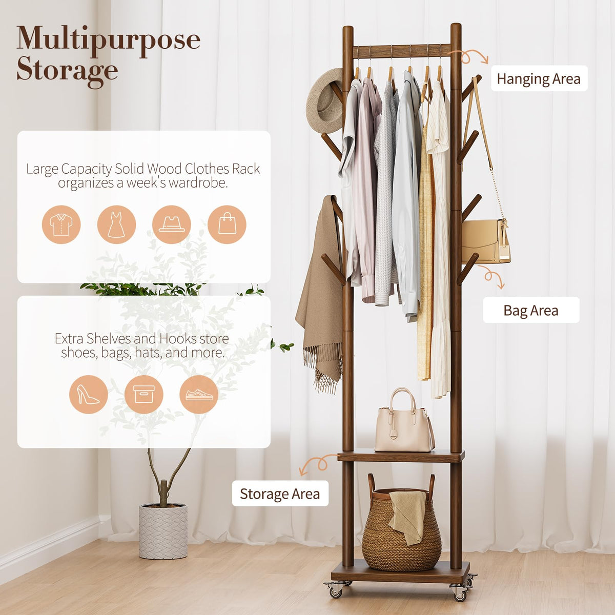 Portable hall tree ideal for entryways, living rooms, or home offices.