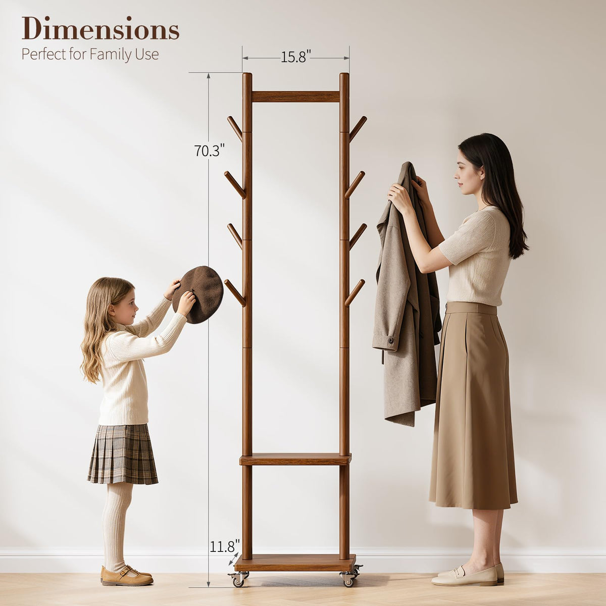 Rolling garment rack with wheels and brakes ready for easy mobility around the home.