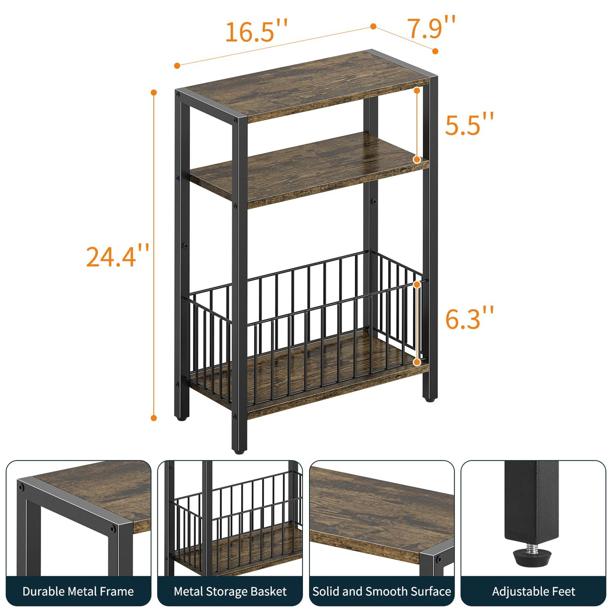 Yoobure side table with two shelves and basket for versatile storage.