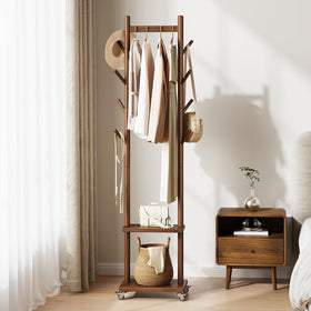 Yoobure solid wood coat rack with hanging rod and eight hooks for organized wardrobe entryway storage.