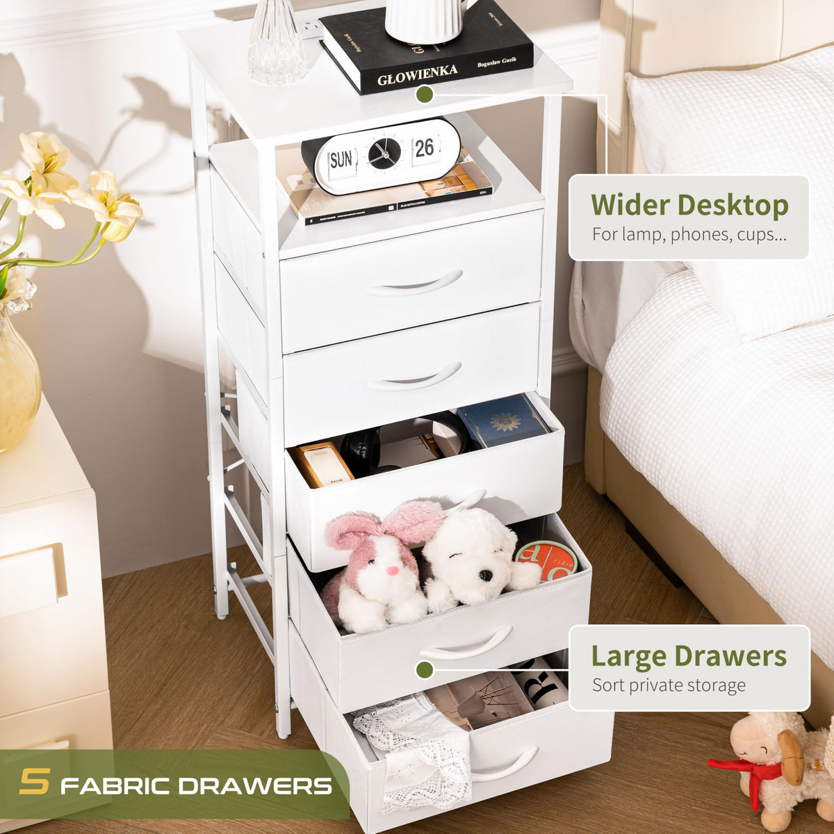 Yoobure tall nightstand with charging station keeps devices powered.