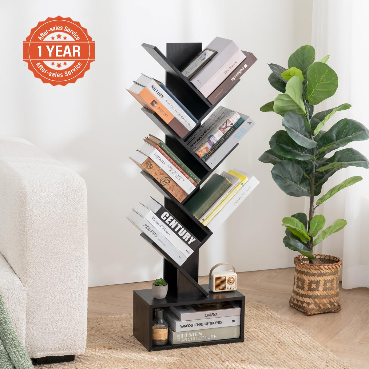 Yoobure Tree Bookshelf assembled on floor shows stability and simple setup
