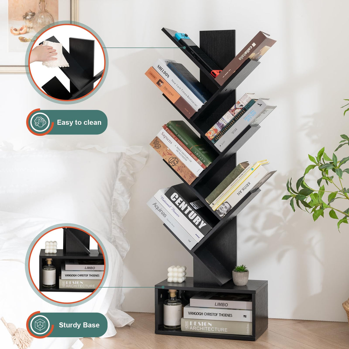 Yoobure Tree Bookshelf in a bedroom nook keeps essentials neatly organized