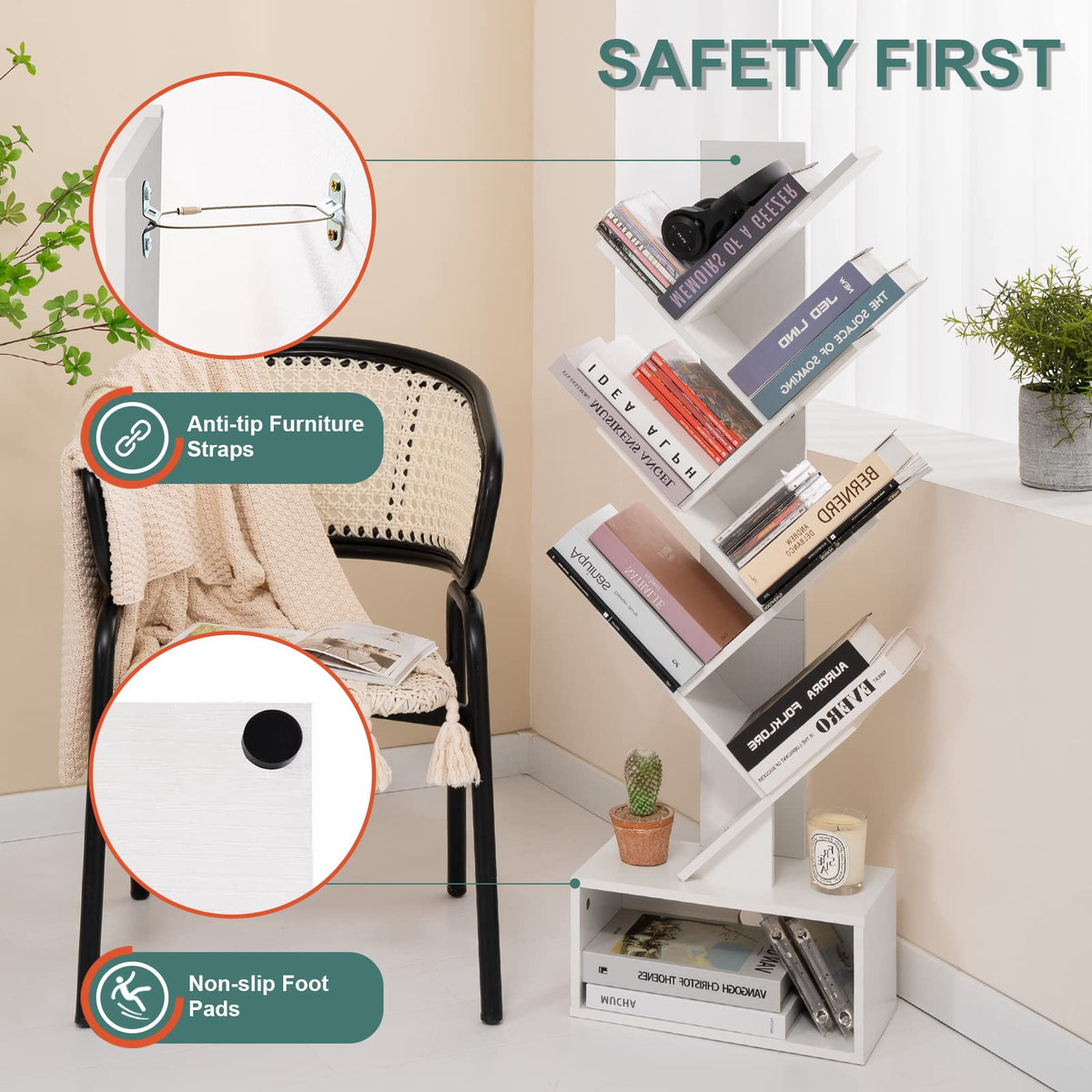 Yoobure Tree Bookshelf corner placement, maximizes small spaces without clutter.