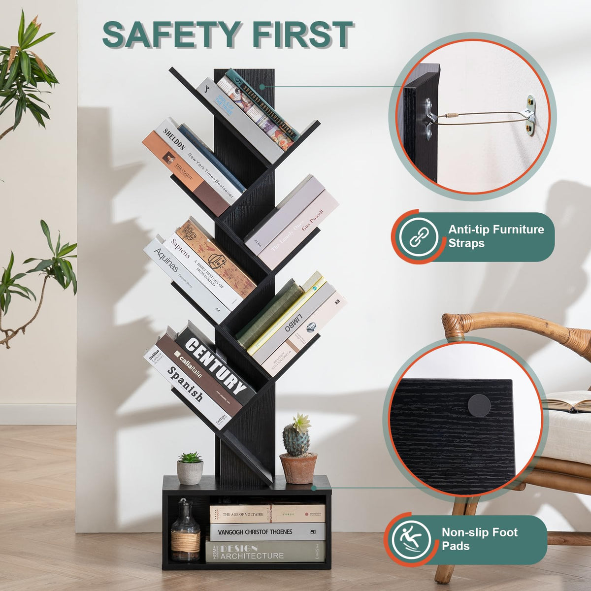 Yoobure Tree Bookshelf corner view demonstrates space-efficient placement in small rooms