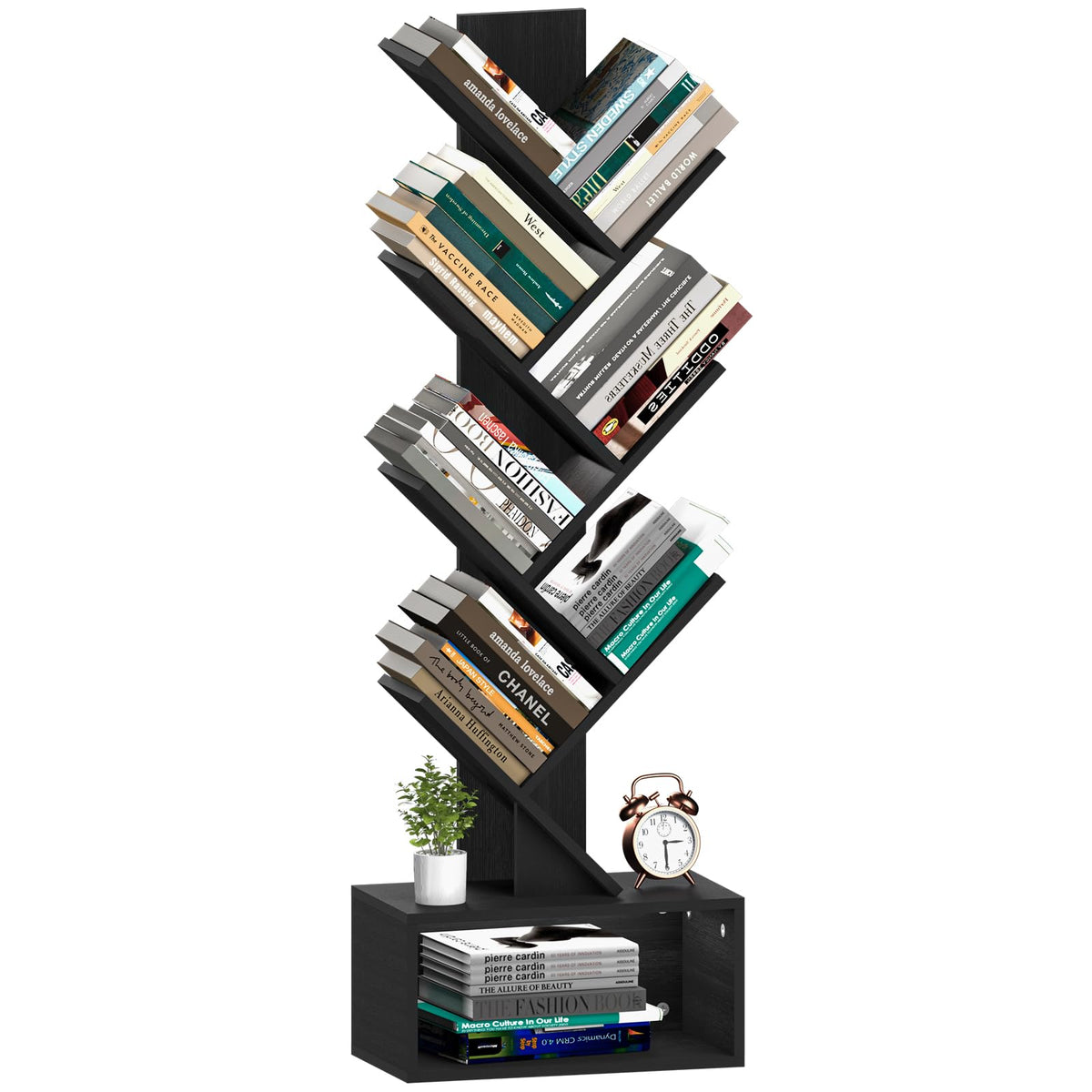 Yoobure Tree Bookshelf front view shows six slim tiers for compact book organization