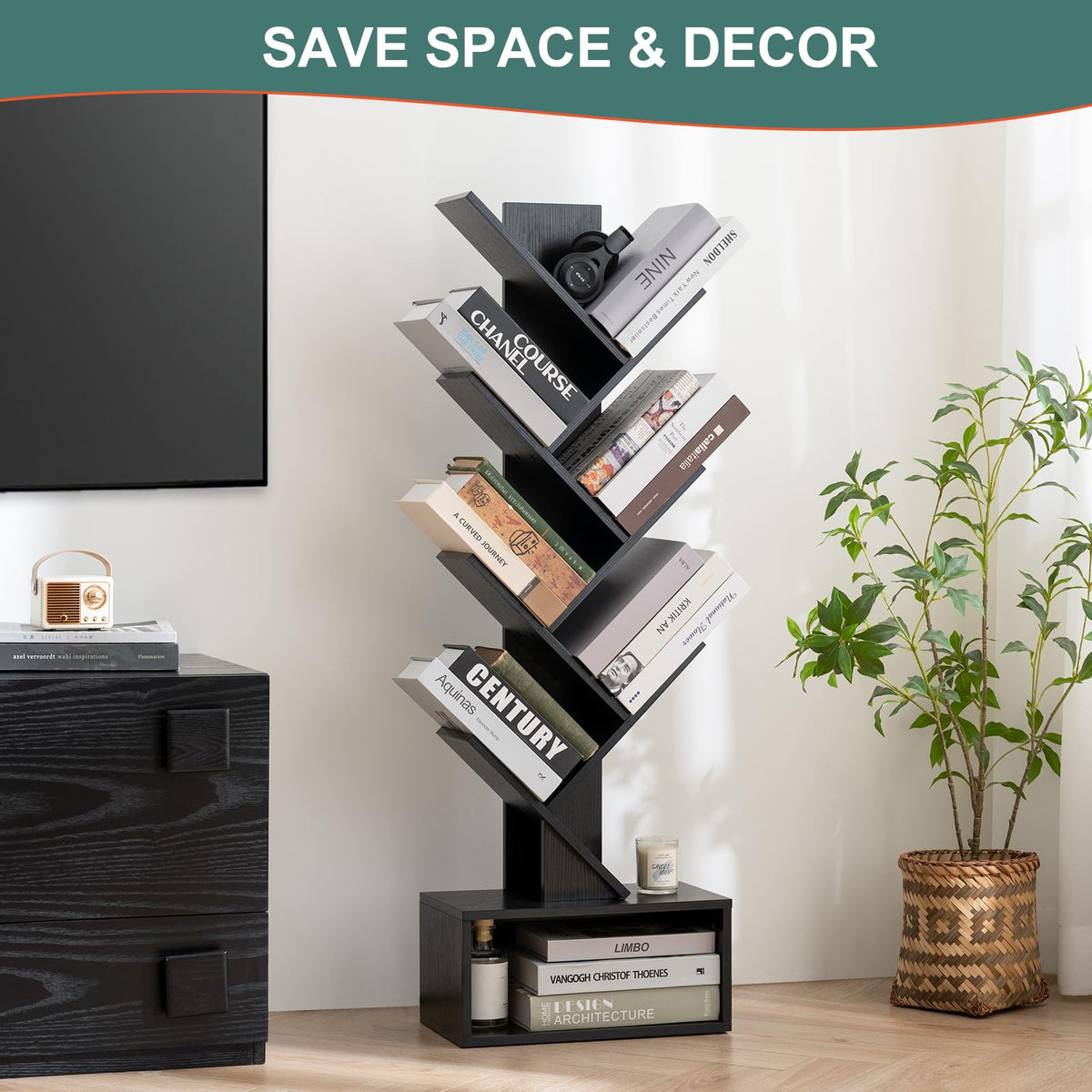 Yoobure Tree Bookshelf side view highlights tall, narrow profile for corner spaces