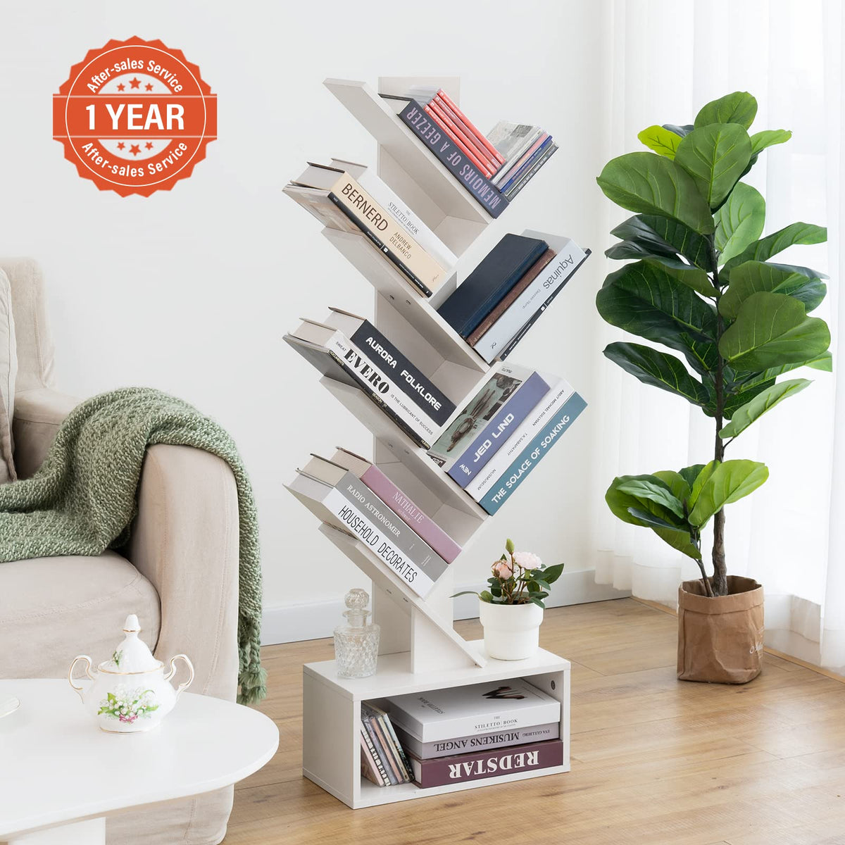 Yoobure Tree Bookshelf waterproof surface, quick wipe maintenance for busy spaces.