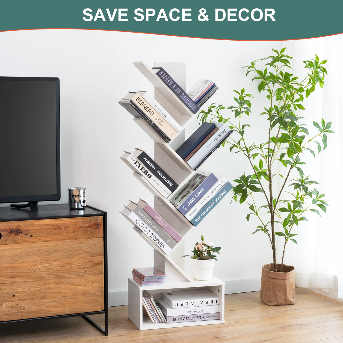 Yoobure Tree Bookshelf wood grain detail, warm retro vibe with sturdy shelves.