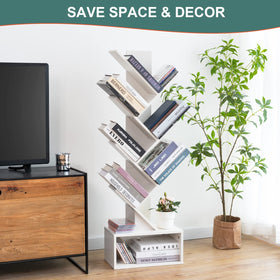 Yoobure Tree Bookshelf wood grain detail, warm retro vibe with sturdy shelves.