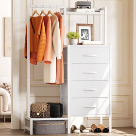 Yoobure white dresser with hanging rack front view shows organized clothing storage.