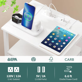 Yoobure white night stand showing adjustable drawer middle or bottom placement.