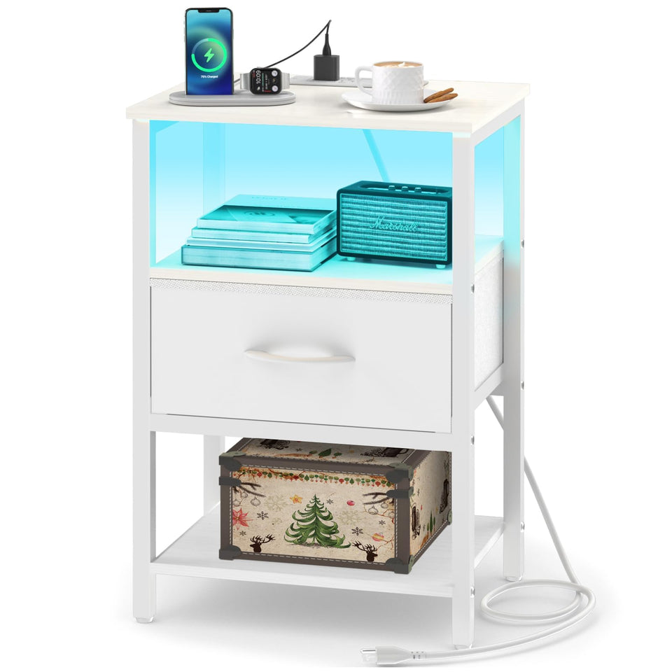 Yoobure white night stand with LED illumination on front view for ambient lighting.