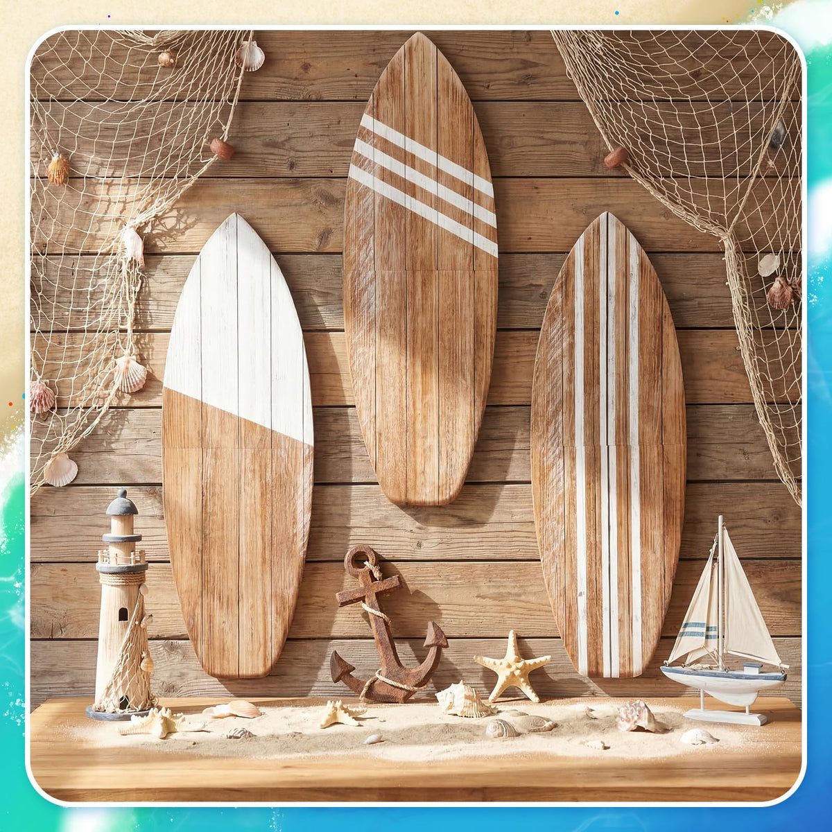 Yookeer surfboard wall art with stripe design ideal for tropical interiors