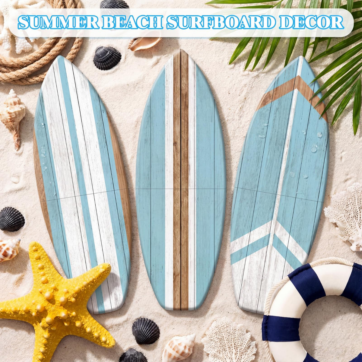 Yookeer blue surfboard decor in a beach-themed bedroom setup