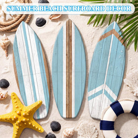 Yookeer blue surfboard decor in a beach-themed bedroom setup