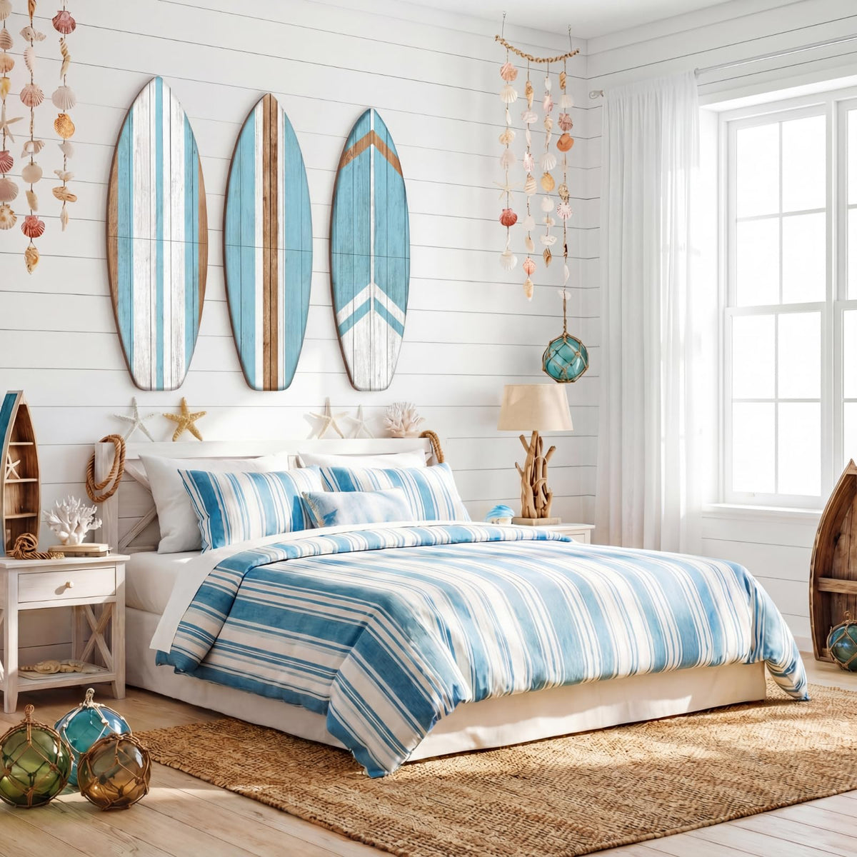 Yookeer blue surfboard wall art in a tropical living room setting