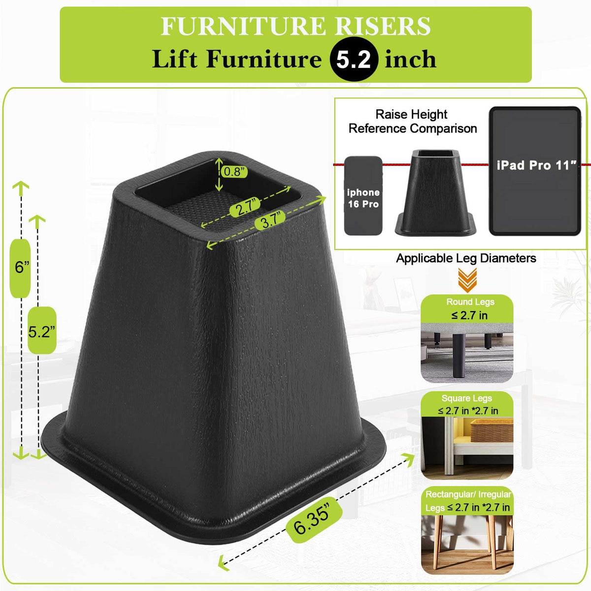 Yookwutar heavy-duty bed and table risers provide stable anti-slip support.