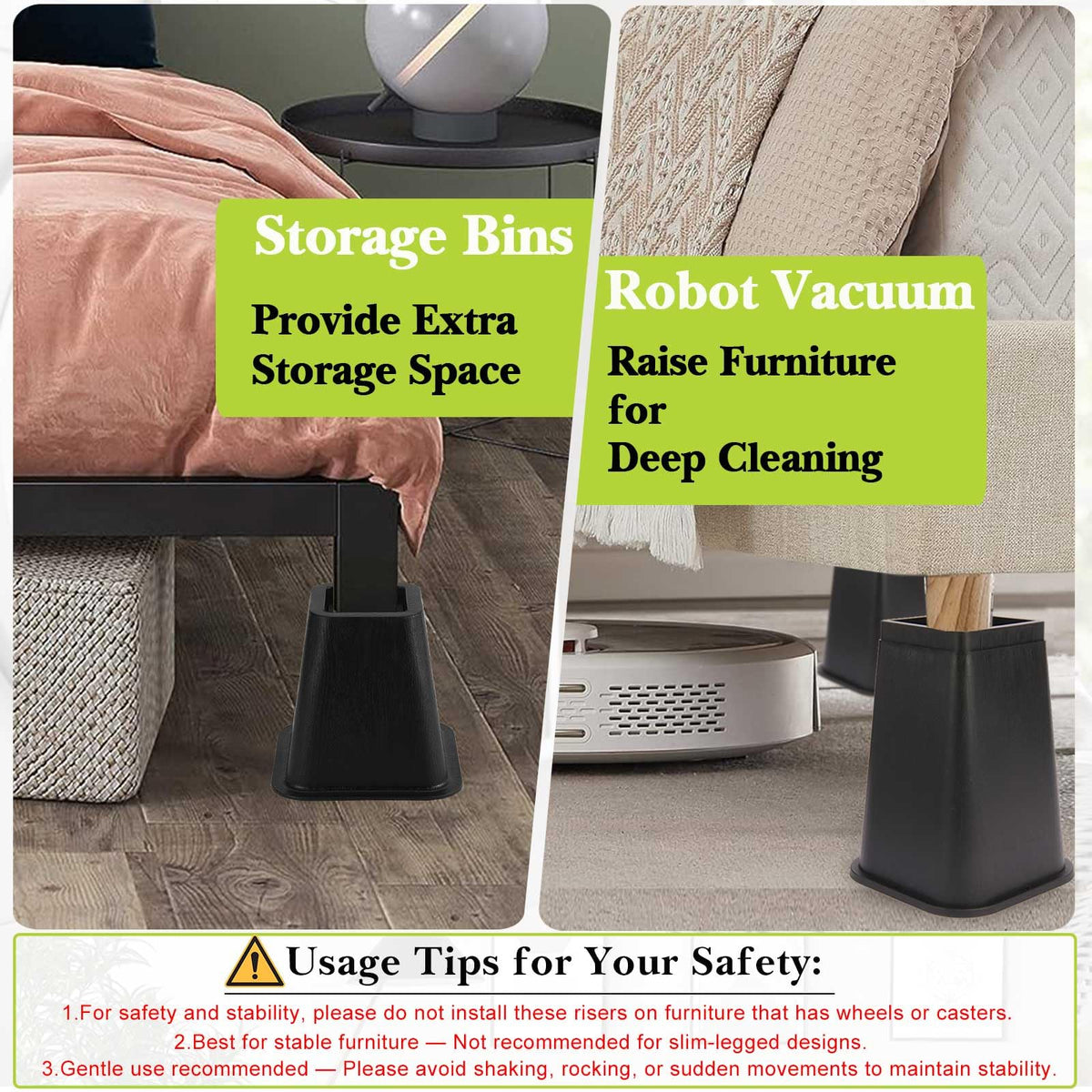 Yookwutar 6-inch risers fitted for square or round furniture legs.