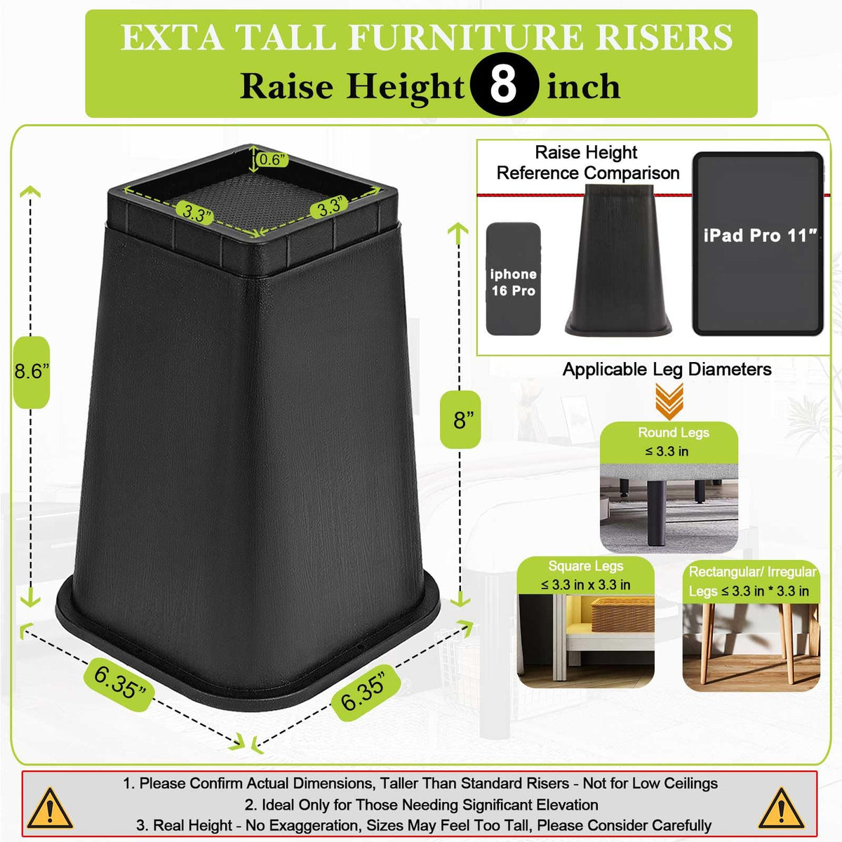 Yookwutar 8-inch table leg riser adds height and stability.