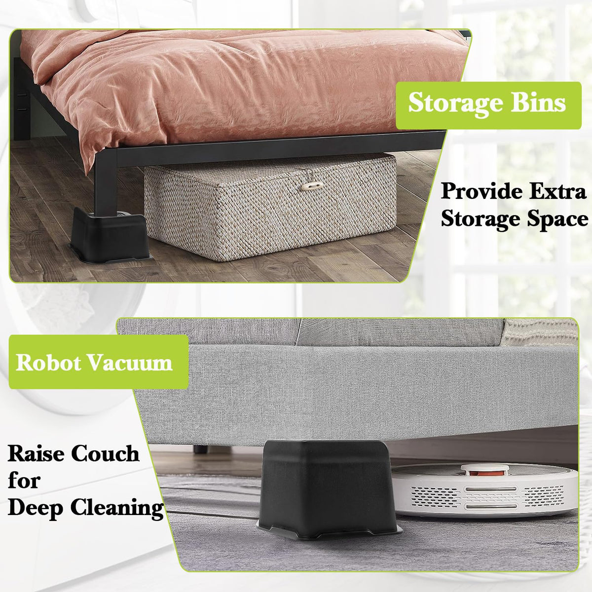 Yookwutar bed risers 3-inch bottom anti-slip base protects floors