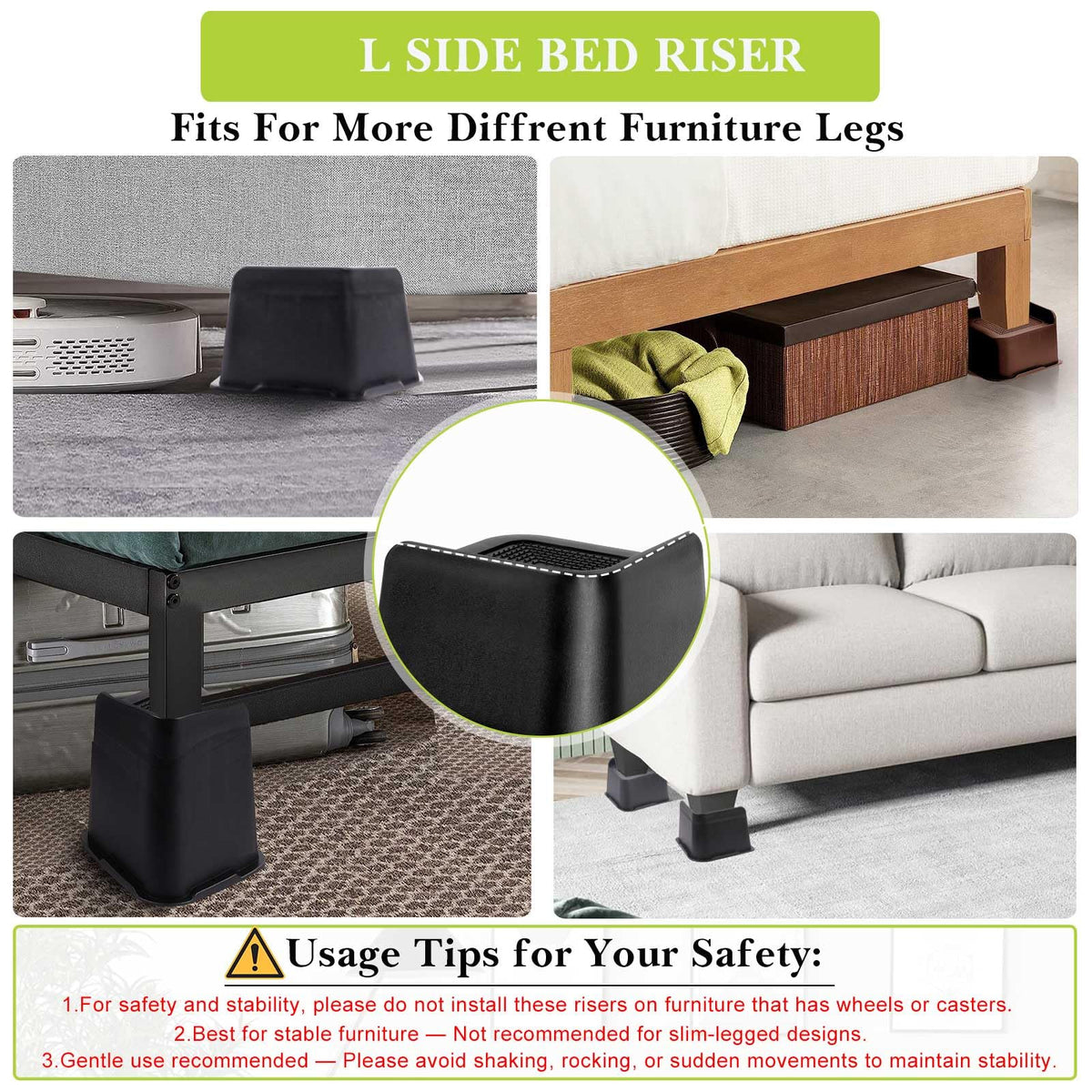 Yookwutar bed risers 3-inch lip detail for versatile leg fit