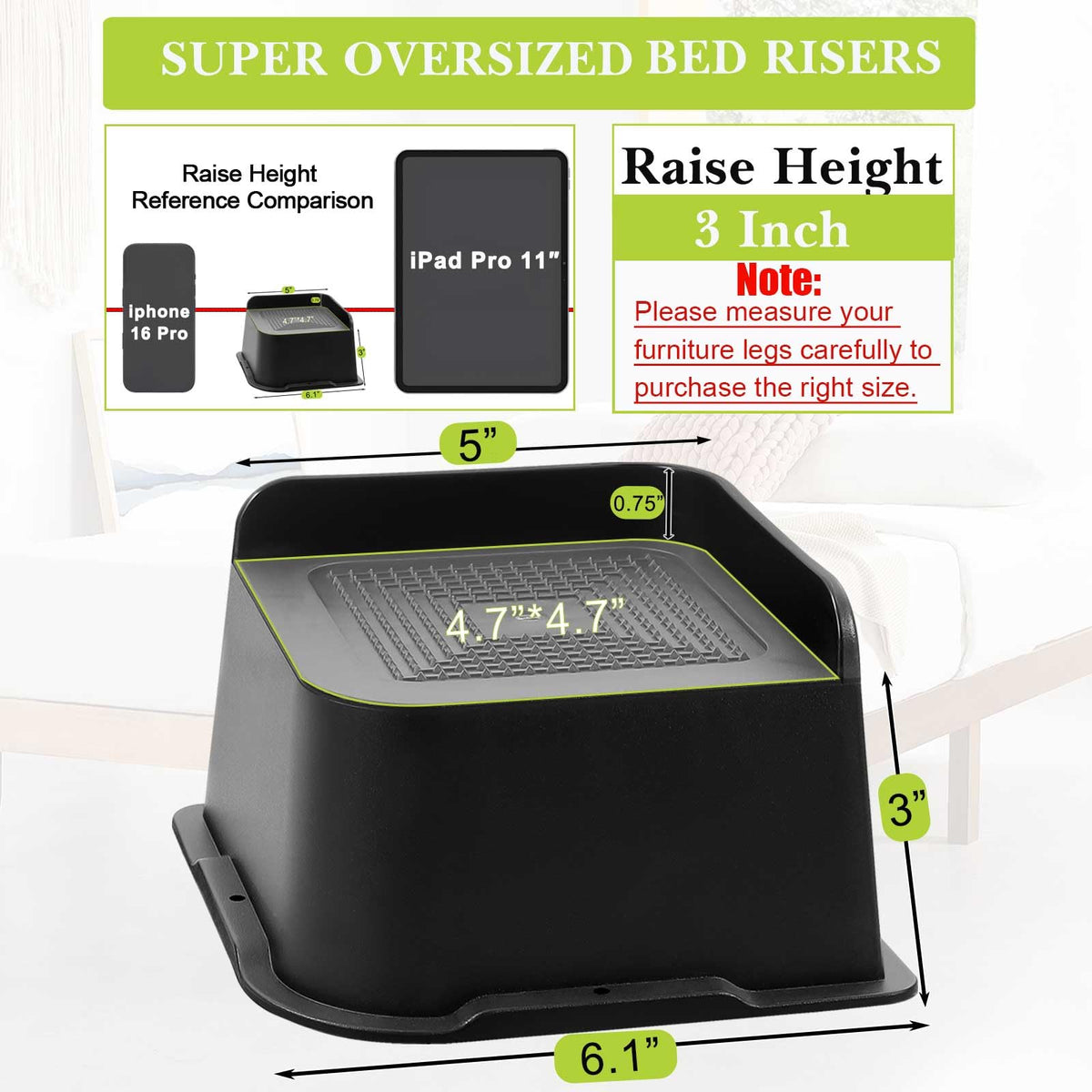 Yookwutar bed risers 3-inch side view showing grip on legs