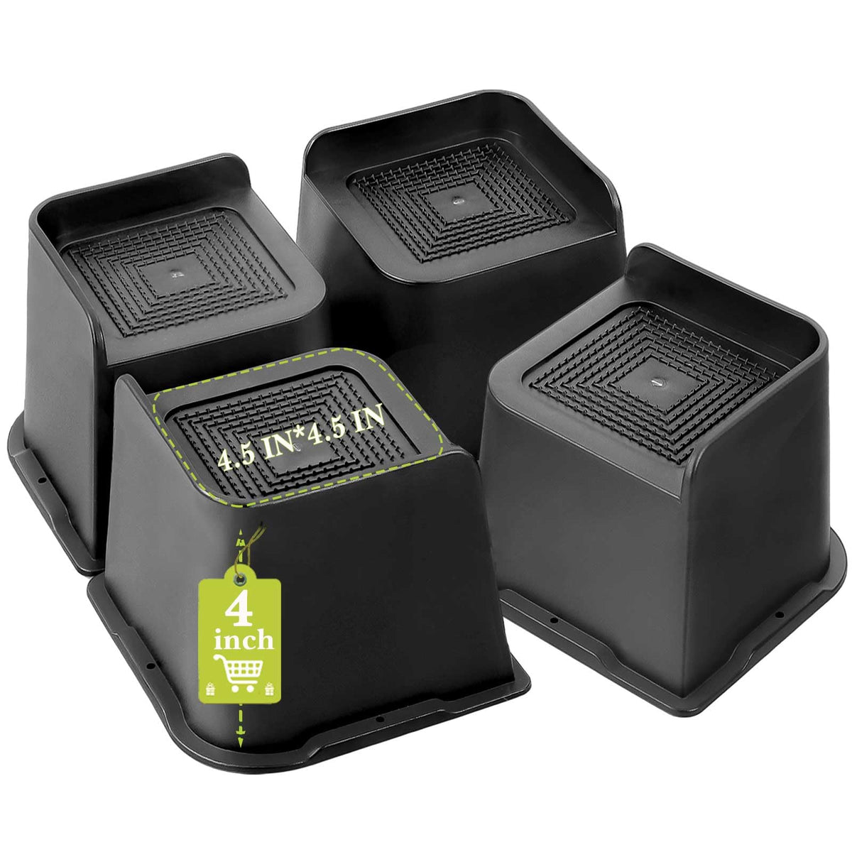 Yookwutar 4-inch bed risers front view showing sturdy top and anti-slip base for stable support