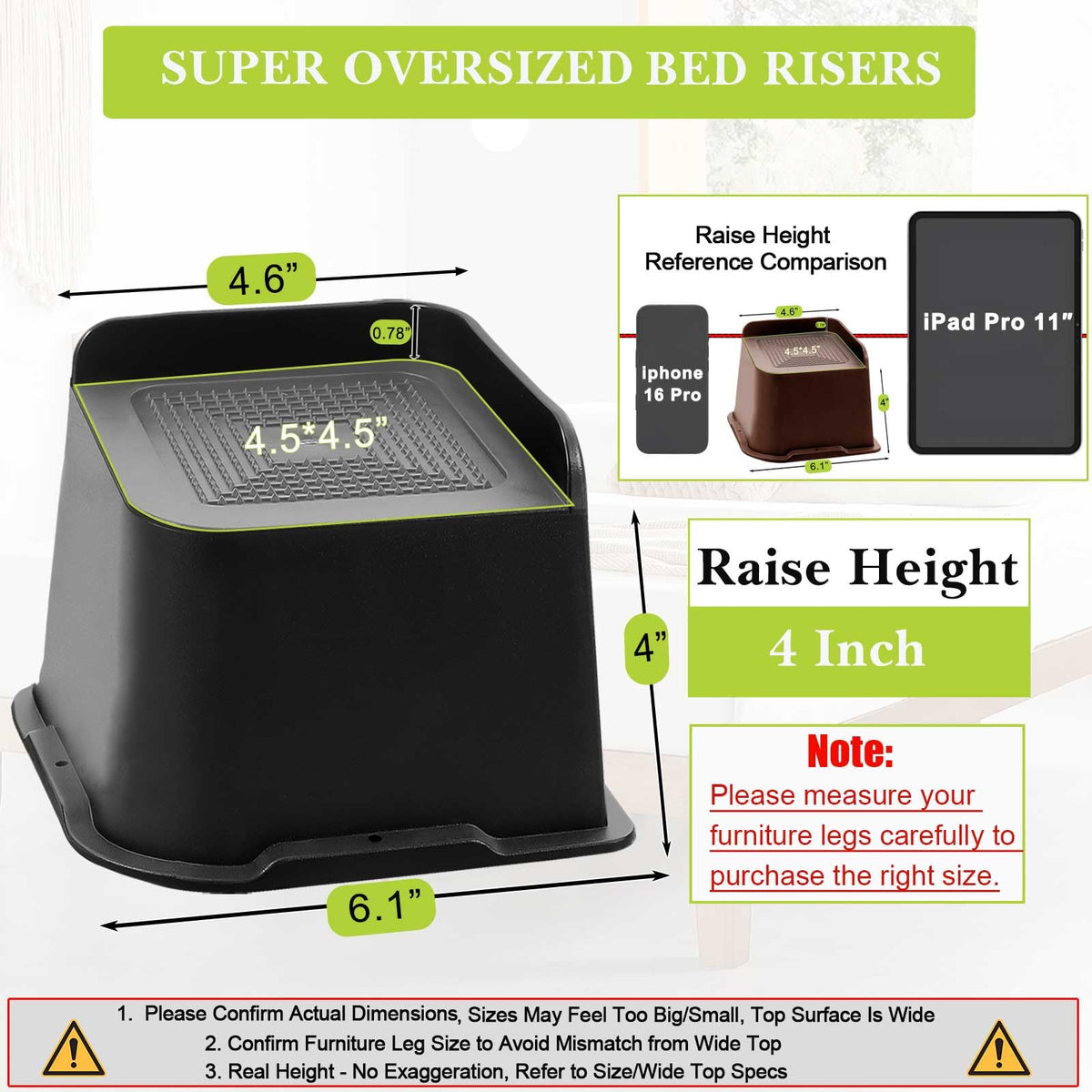 Yookwutar 4-inch bed risers side view highlighting widened top and lip design for easy installation