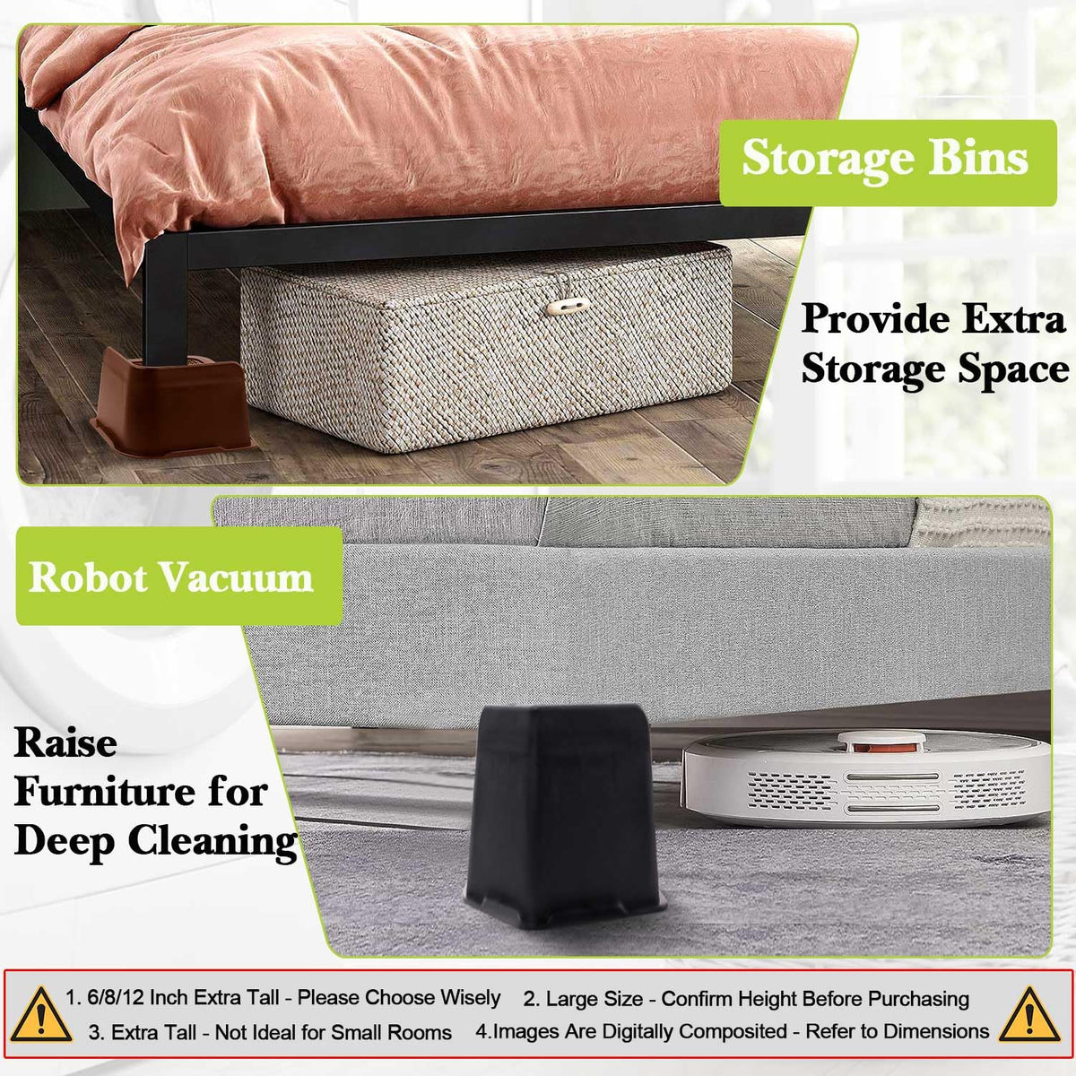 Under-furniture setup shows extra storage with Yookwutar risers