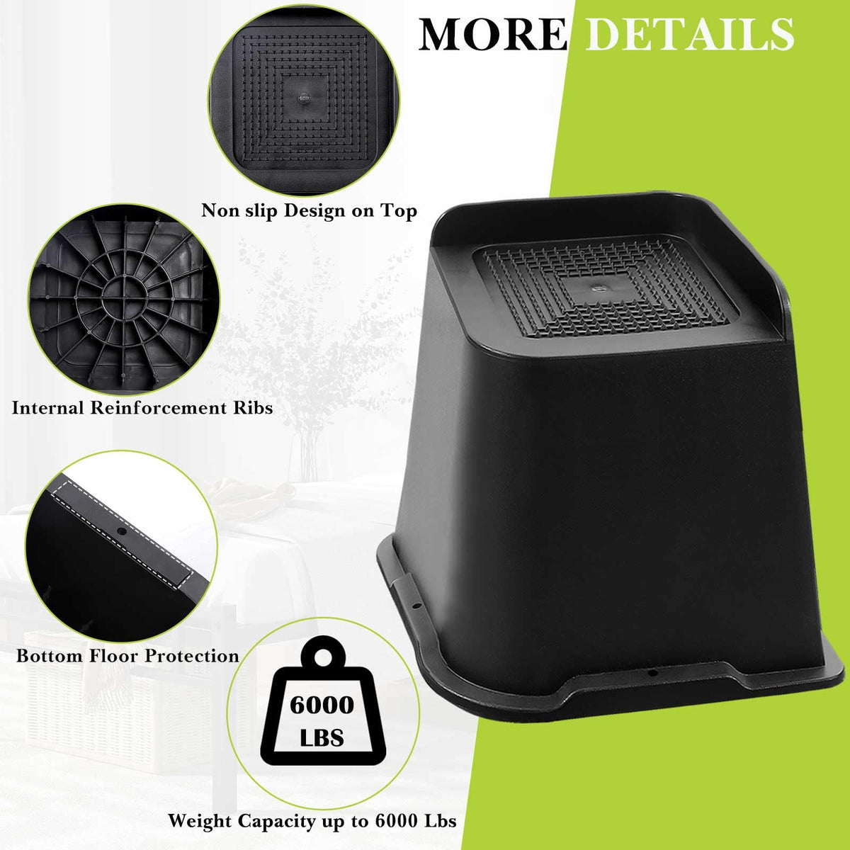Yookwutar bed risers oversized top surface provides stable base for heavy furniture.