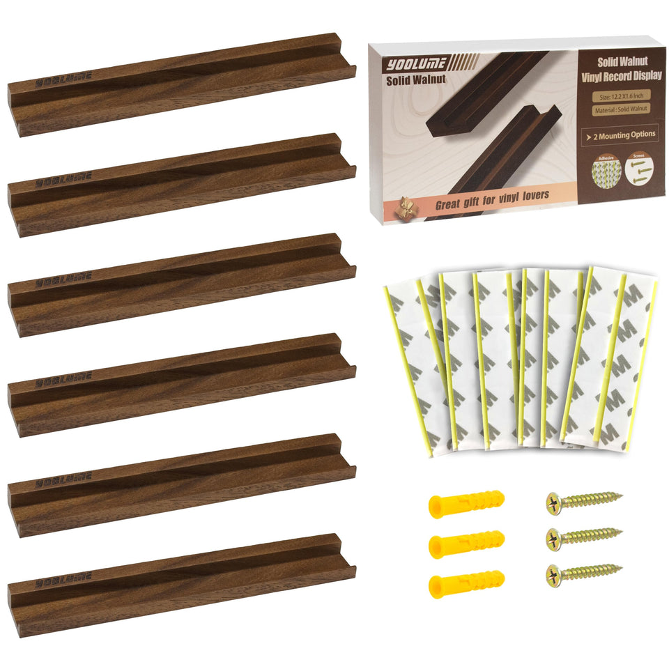 Yoolume solid walnut vinyl wall mount showcasing albums with a refined wood finish