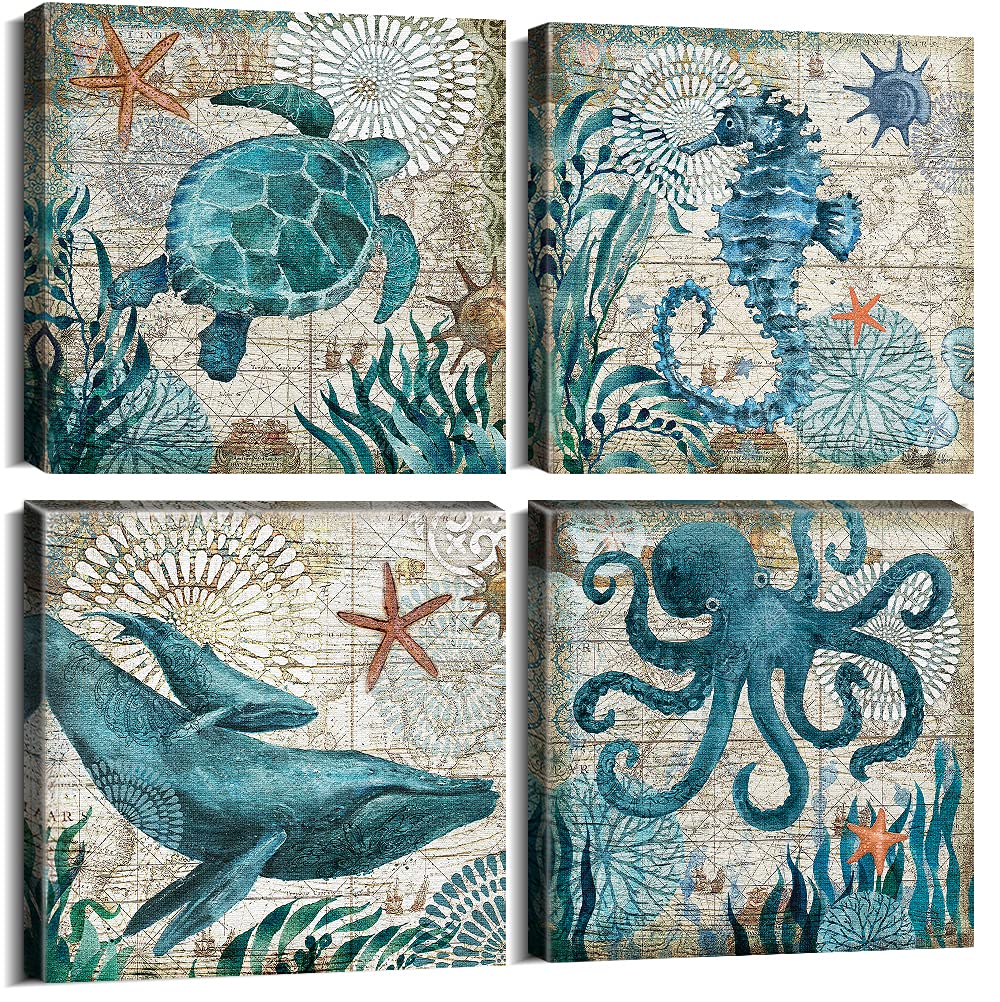 YOOOAHU bathroom wall art featuring sea turtle and octopus in teal tones for coastal ambiance.