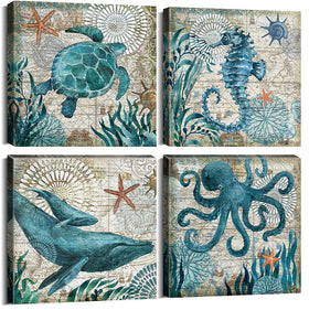 YOOOAHU bathroom wall art featuring sea turtle and octopus in teal tones for coastal ambiance.
