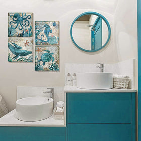 YOOOAHU seahorse canvas print adds whimsical nautical charm to any bathroom.