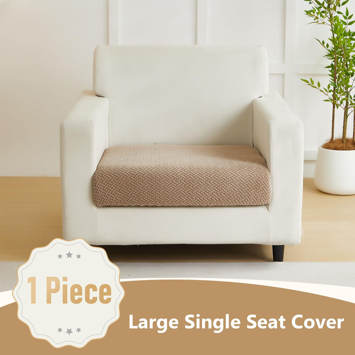 Yoovat slipcover in texture-light coffee adds subtle warmth and style.