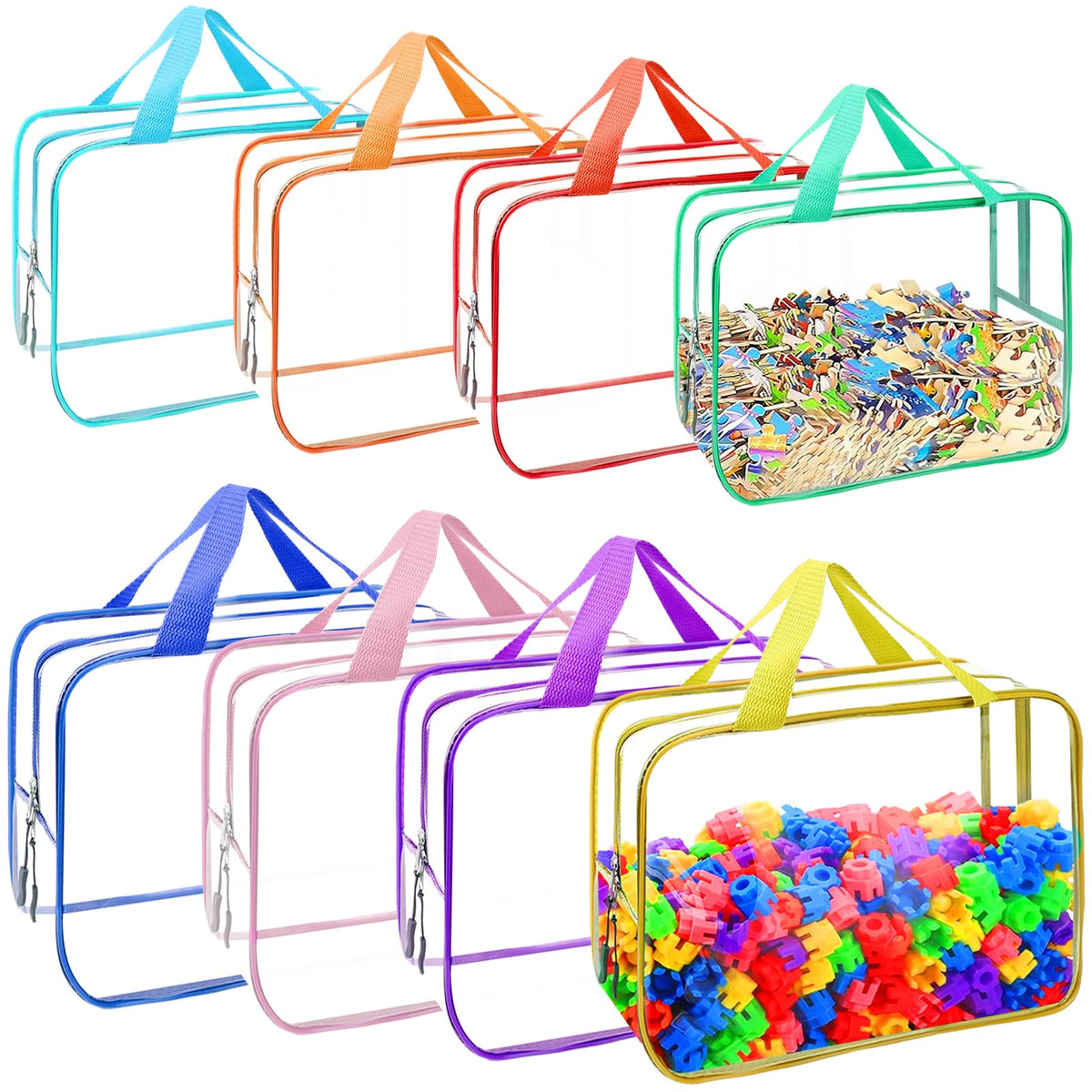 YOPCDJ 8-pack clear toy bags in vibrant colors for organized storage